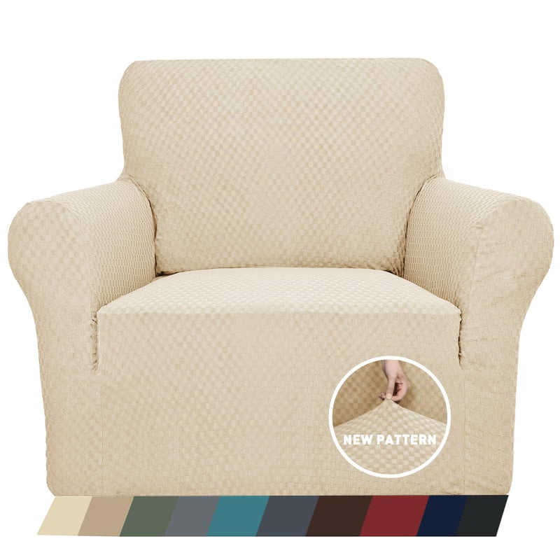 ZNSAYOTX 1 Piece Jacquard Chair Slipcovers for Living Room High Stretch Chair Covers with Arms Anti Slip Pets Friendly Couch Sofa Armchair Cover Furniture Protector (Chair, Light Beige) - Image 1